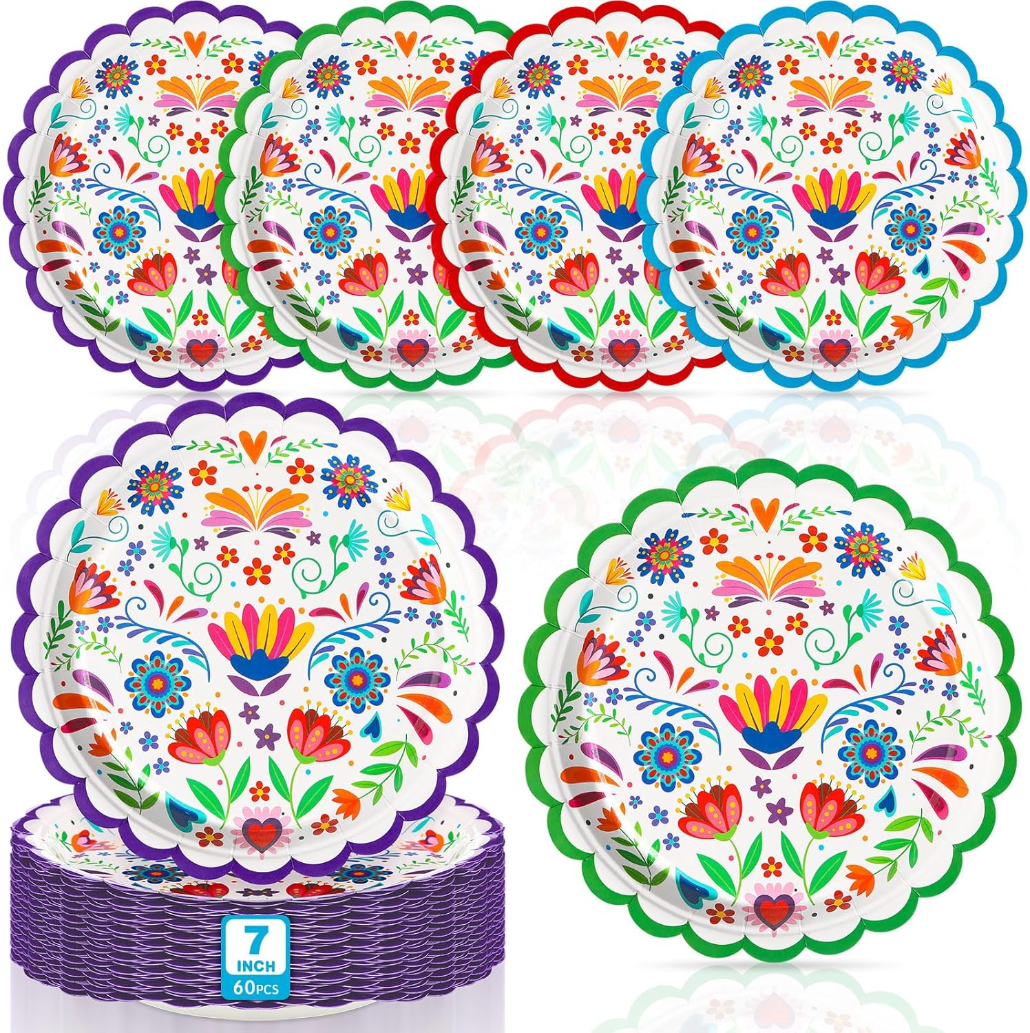 FillTouch 60 Pcs Mexican Paper Plates 7 Inch Disposable Fiesta Dessert Plates White Mandala Flower Cinco De Mayo Party Decoration for Taco Tuesday Carnival Birthday Party Supplies