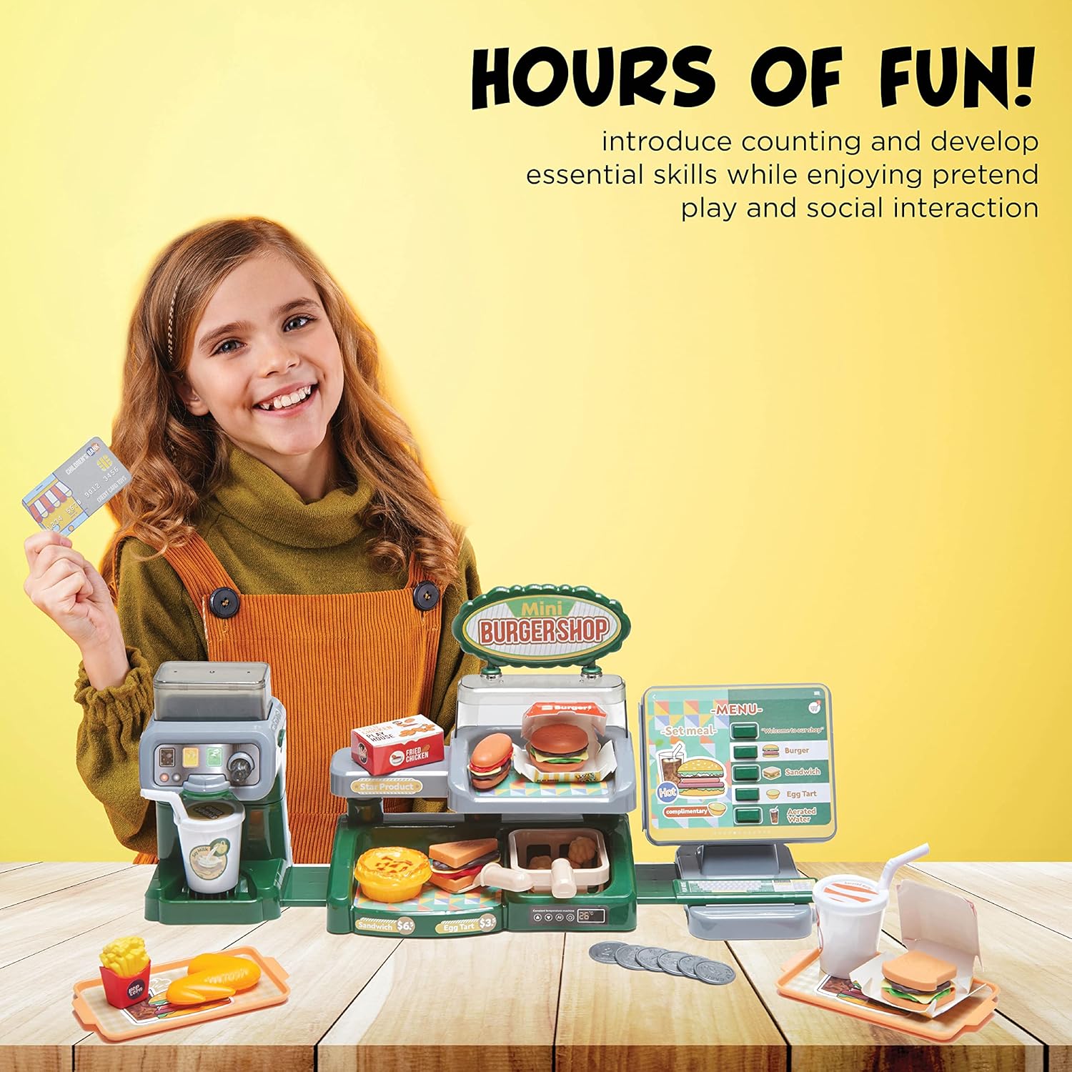 Pretend Play Burger Shop with Menu Toy Set, Kids Kitchen Playset Play Food Retro Diner Stand for Kids - Toddler Kitchen Playset Accessories Toy with Juice Drink Machines, Hamburger Fastfood- 25 PCS