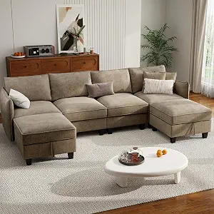 Ihanherry 112" Modular U-Shaped Sectional Sofa with Storage Ottomans, Brown