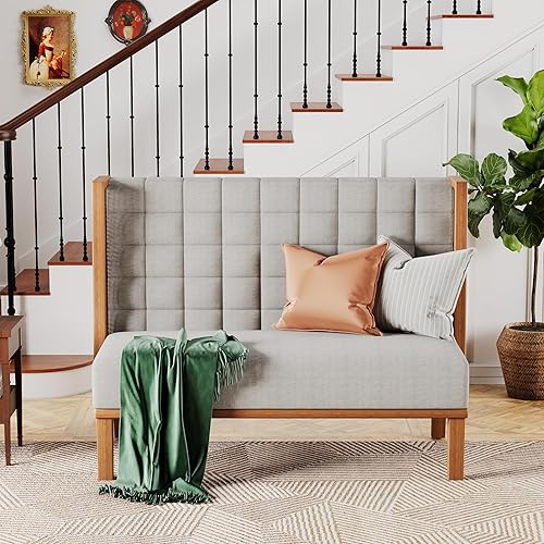 Miniatura 10 de Andeworld Banco de sofá biplaza con brazos de ratán, mini sofá tapizado moderno con respaldo alto, banco de comedor para banqueta para sala de
