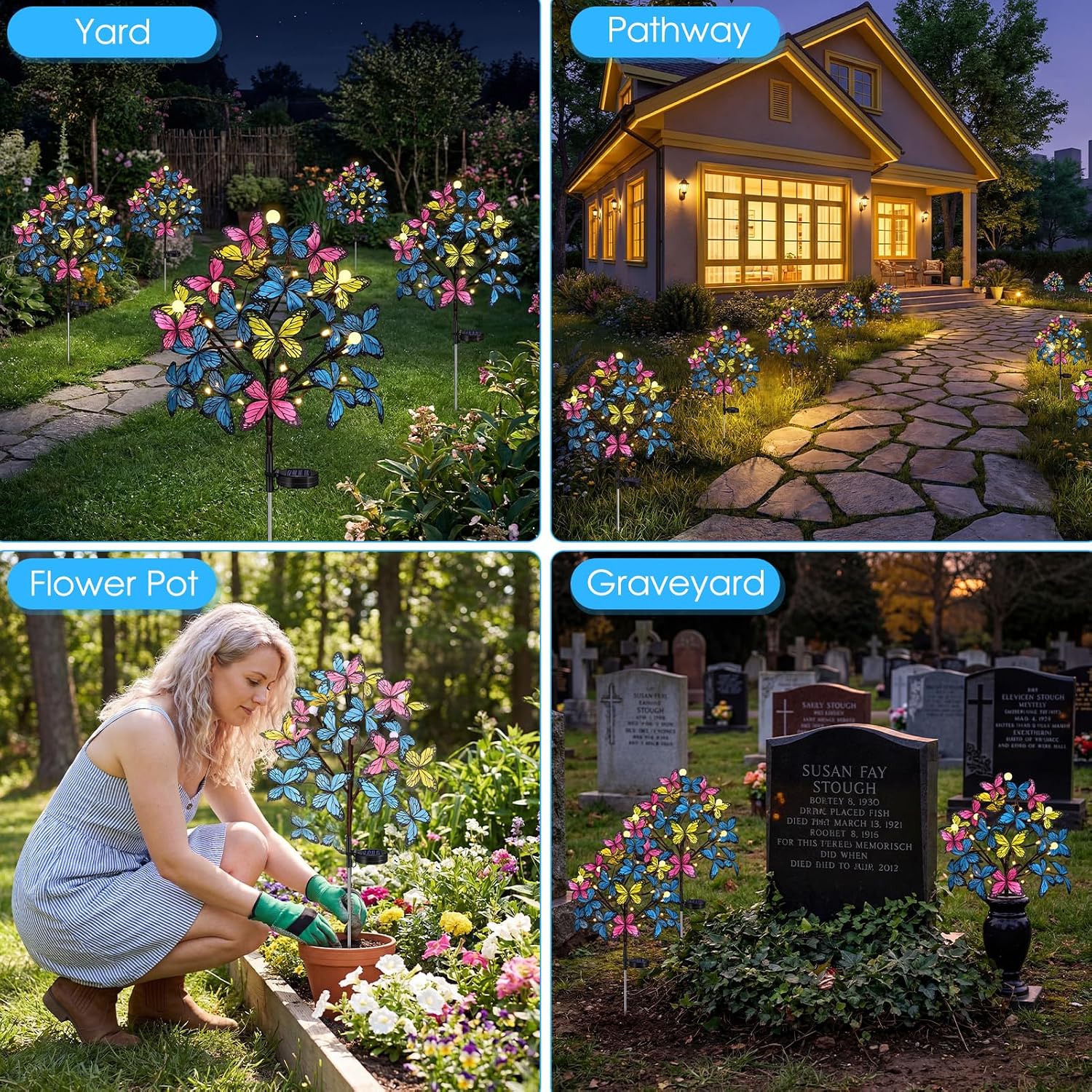 Meagoo Butterfly Solar Lights for Outside, 800mA Whimsical Solar Powered Butterfly Garden Stakes with 20 Butterflies for Outdoor Yard Lawn Flower Garden Cemetery Mothers Day Grave Decorations (4 Pack)