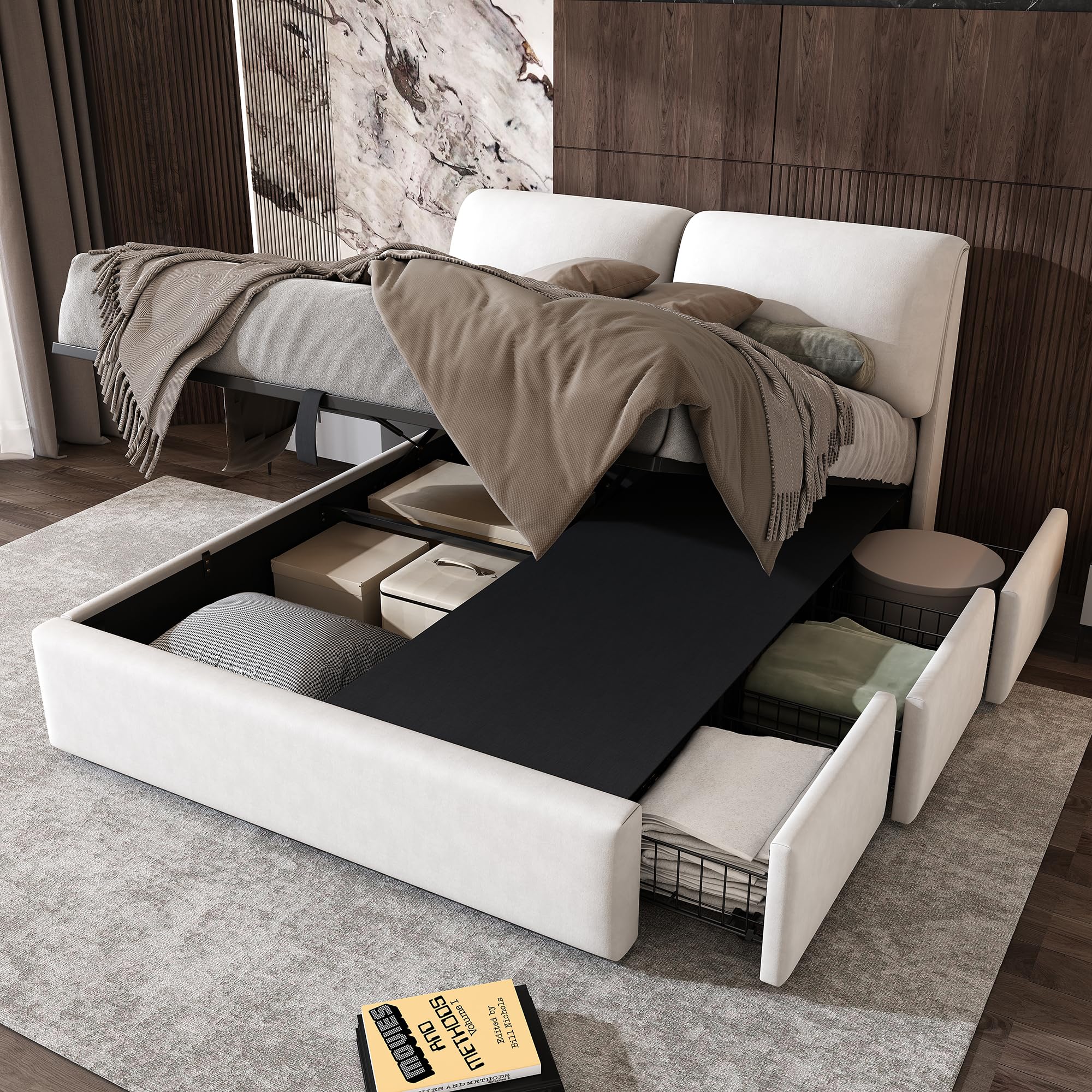 Sapgaks Lit Coffre 140 x 190 avec sommier à Lattes et Trois tiroirs,Cadre de lit 1 Personnes140 x 190 avec Rangement et tête de lit,sans Matelas,Velours,Beige