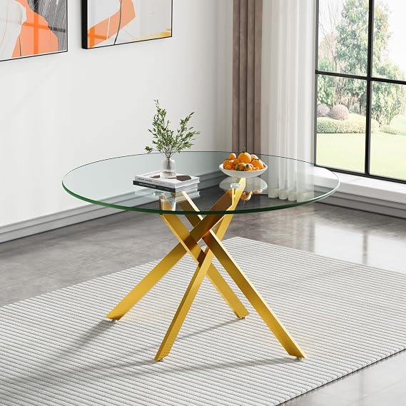 Henf 47.25 Round Dining Table for 4-6, Modern Glass Kitchen & Dining Room Table w/0.32 Tempered Glass Top & Gold Metal Legs, Circle Leisure Dinner Table for Kitchen Dining Room Small Spaces