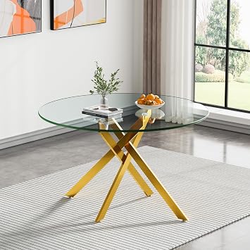 Henf 47.25" Round Dining Table for 4-6, Modern Glass Kitchen & Dining Room Table w/0.32" Tempered Glass Top & Gold Metal Legs, Circle Leisure Dinner Table for Kitchen Dining Room Small Spaces