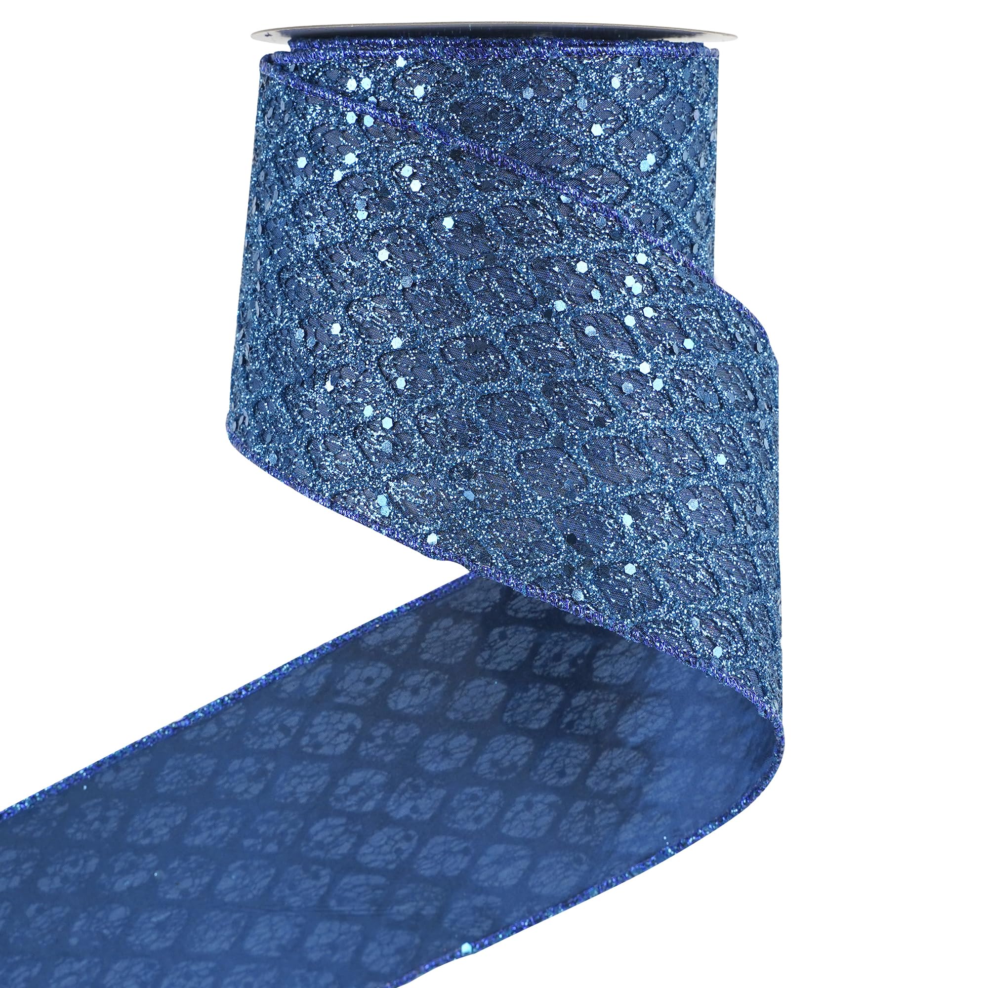 HUIHUANG Navy Blue Wired Christmas Ribbon 4 inch Navy Glitter Wired Ribbon Diamond Mesh Wire Ribbon for X-mas Tree Decorations, Wreaths, Garland,