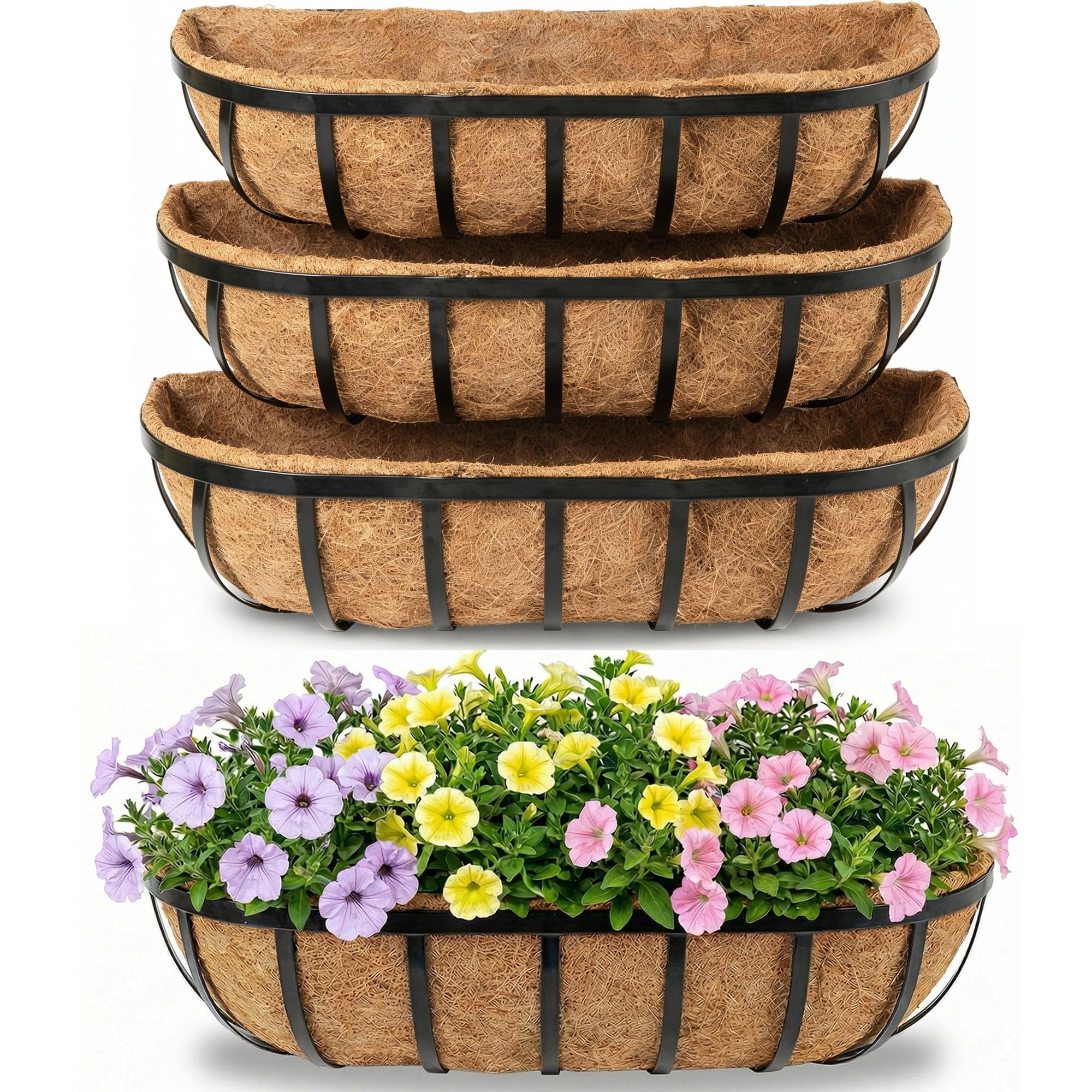 HFHOME 4 Pcs 24" Railing Planter Box, Window Box with Horse Trough Coco Liners, Black Metal Deck Hanging Flower Planters Baskets for Indoor, Outdoor,