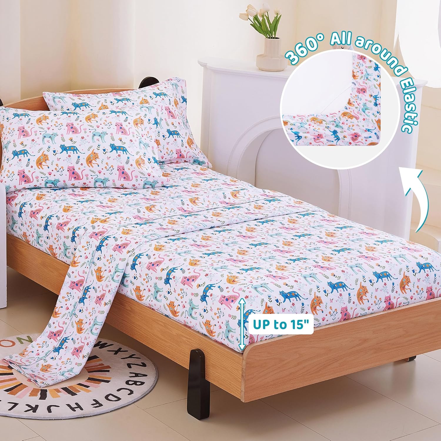 Viviland 3 Pieces Girls Pink Cat Twin Sheet Set - Soft Microfiber Fitted Flat Sheets & Pillowcase - Kids Colorful Floral Leaf Print Bedding Sets - for Kids & Toddlers