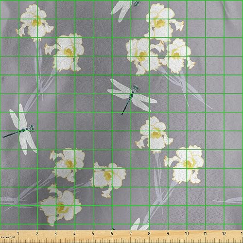 Miniatura 3 de Ambesonne Flowers Insects Fabric by The Yard, Spring Art Iris Flowers and Dragonflies on Greyscale Background, Decorative Satin Fabric for Home