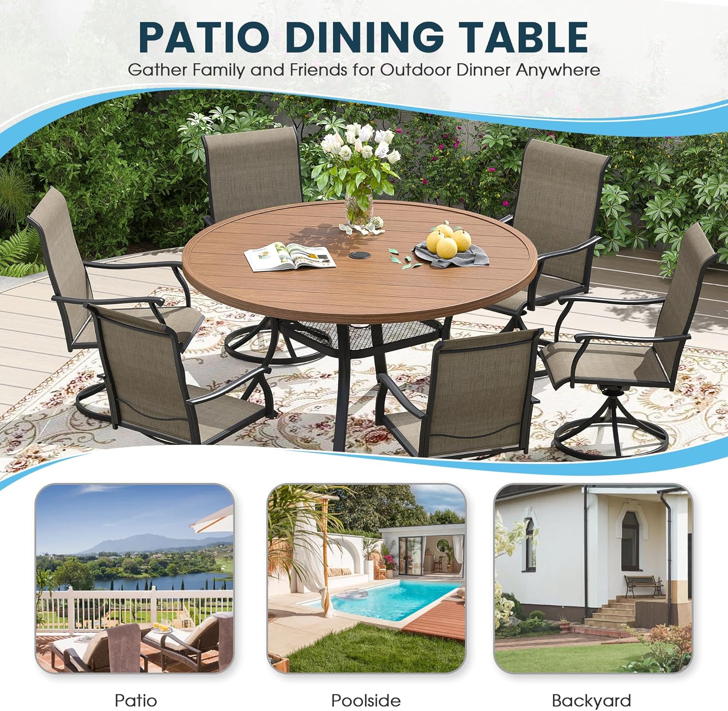 Patio Dining Table for 6-8, Round Metal Outdoor Table with 1.57" Umbrella Hole, 53" Outdoor Slat Tabletop Dining Table for Backyard, Porch, Lawn, Walnut