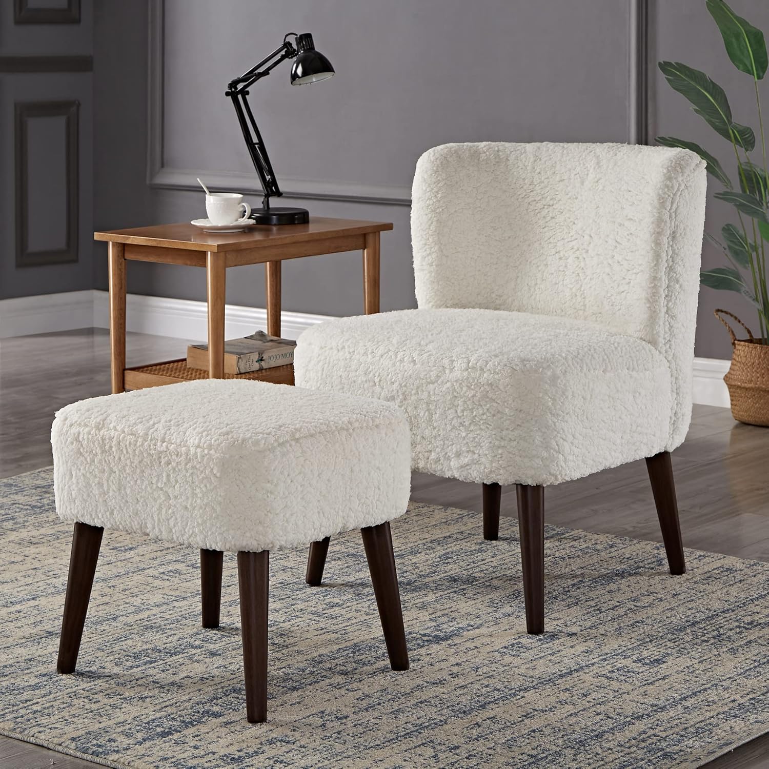 Ball & Cast HSA-6028 Chair with Ottoman, 17.5" H Seat & 16" H Seat, White Fluffy Fabric