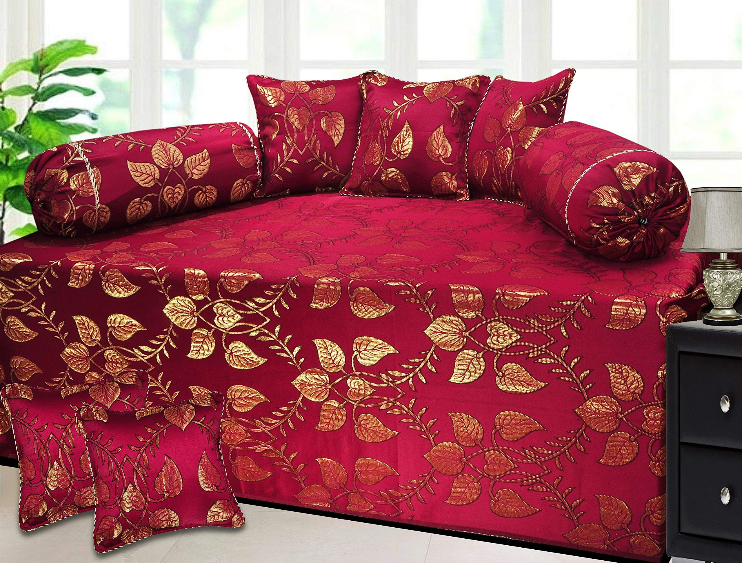 Milan Francesco Slive 650 TC Polycotton and Silk Floral Designs 8 Pieces Diwan Set (Deep Maroon and Gold)