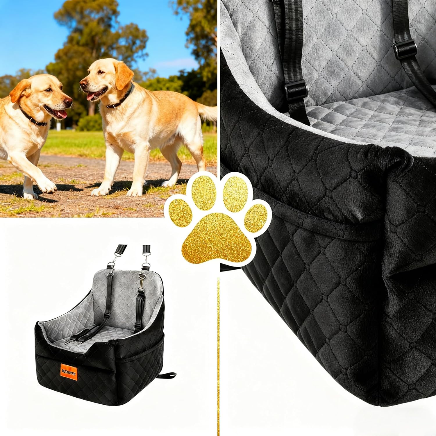 Memory Foam Dog Booster Car Seats with Thick Cushion for Medium Dogs Under 36lbs, Detachable，Washable,Storage Pockets,2 Safety Belts