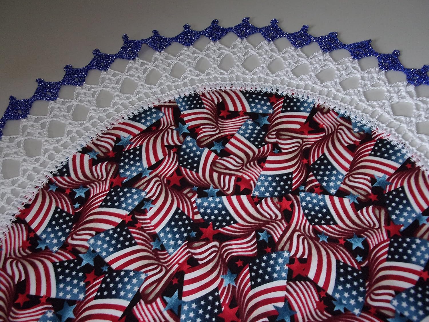 Patriotic Doily Flags Red and Blue Stars 4th of July Table Topper Round Lace Table Decoration Fabric Center Doily Crocheted Edge 20 Inches Centerpiece