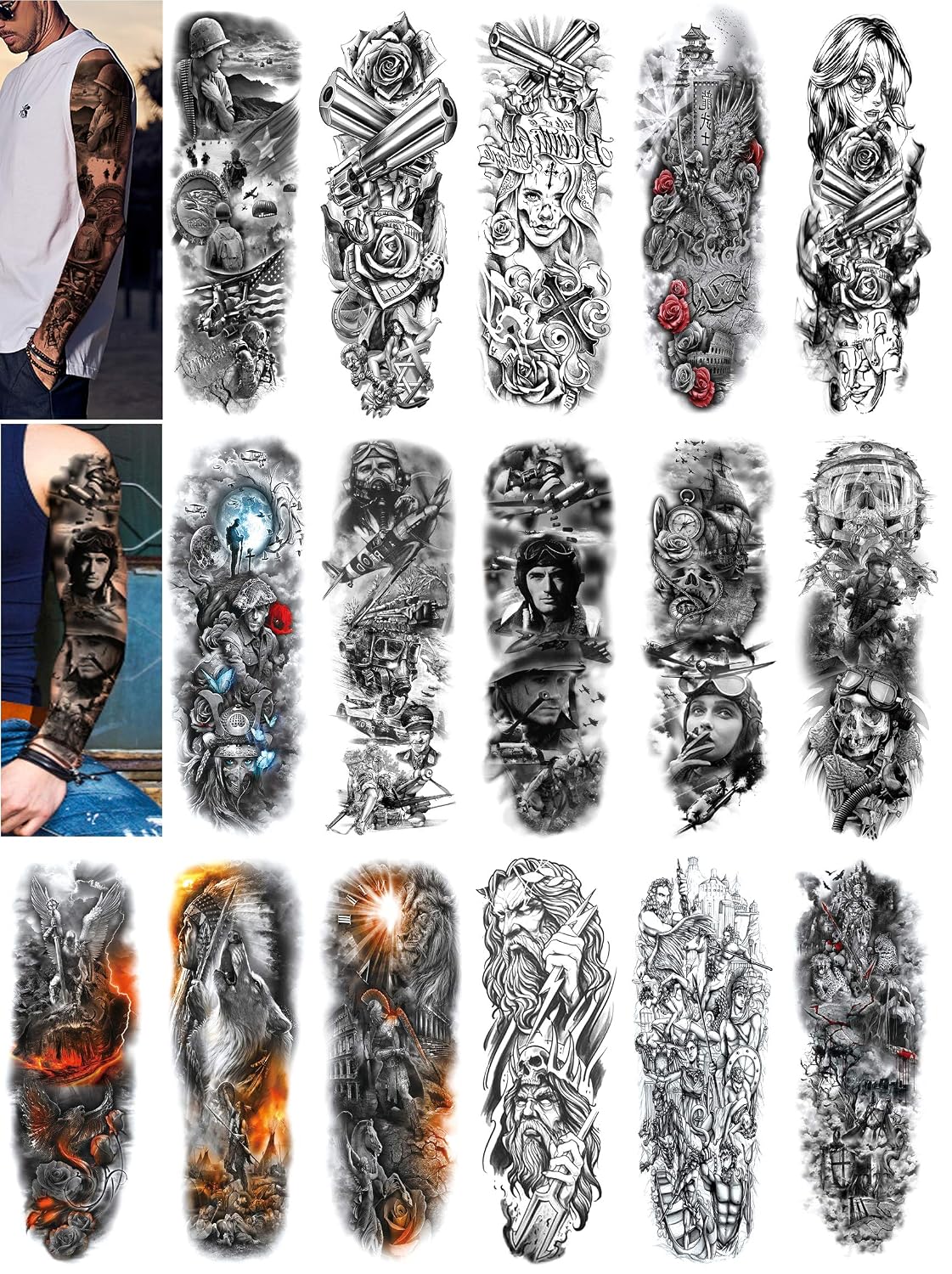 DaLin Extra Large Temporary Tattoo Sleeves Full Arm Fake Tattoos for Men Women 16 Sheets (Military Gun Dragon Warrior Collection)