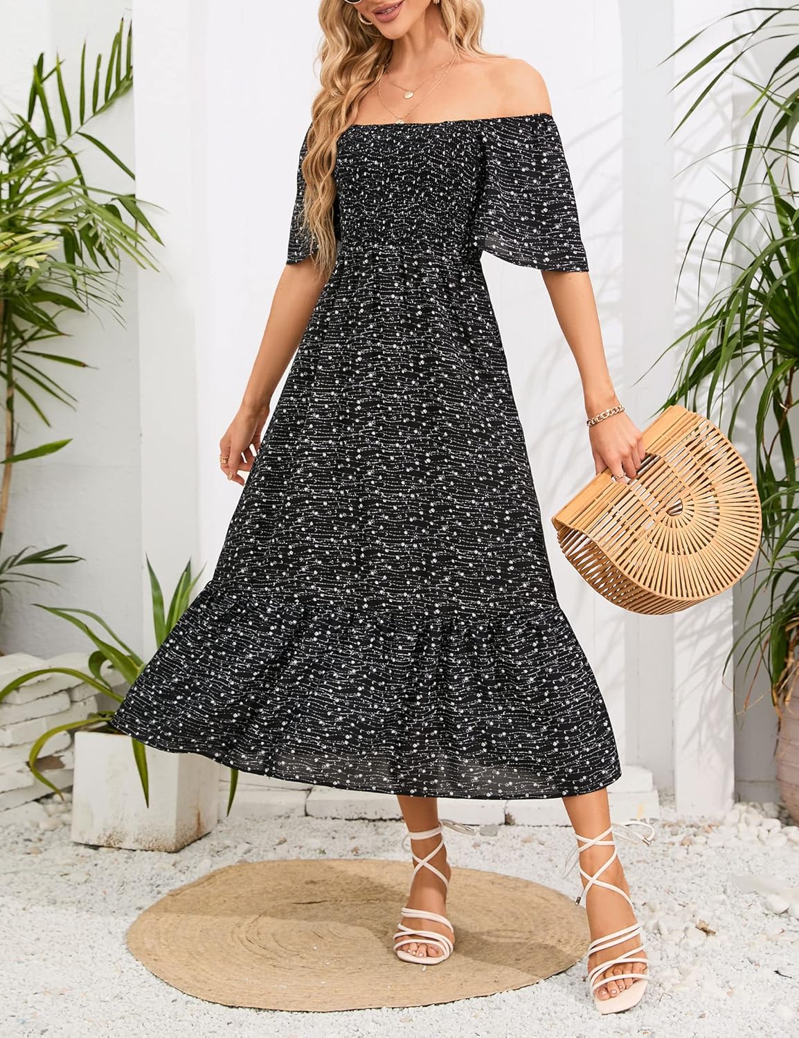 KOJOOIN Maternity Dress Women's Square Neck Short Sleeve Baby Shower Photoshoot Smocked Maxi Dress Black White Floral L