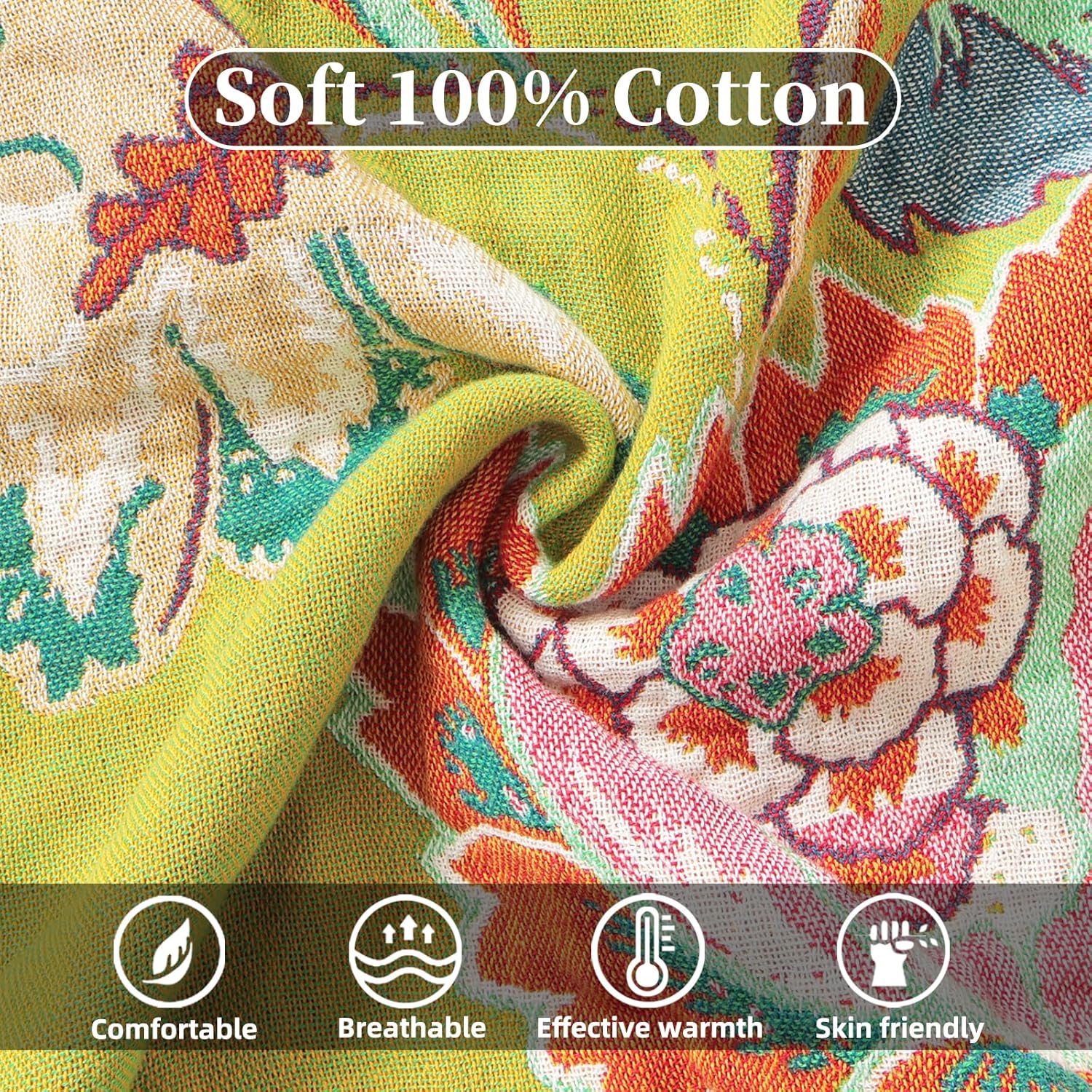 Boho Throw Blanket for Couch Bed, 100% Cotton Soft Rustic Quilt 60''x 80'', Super Soft Bohemian Decor Reversible Sofa Bed Chair Blanket Cover for All Seasons(Floral)