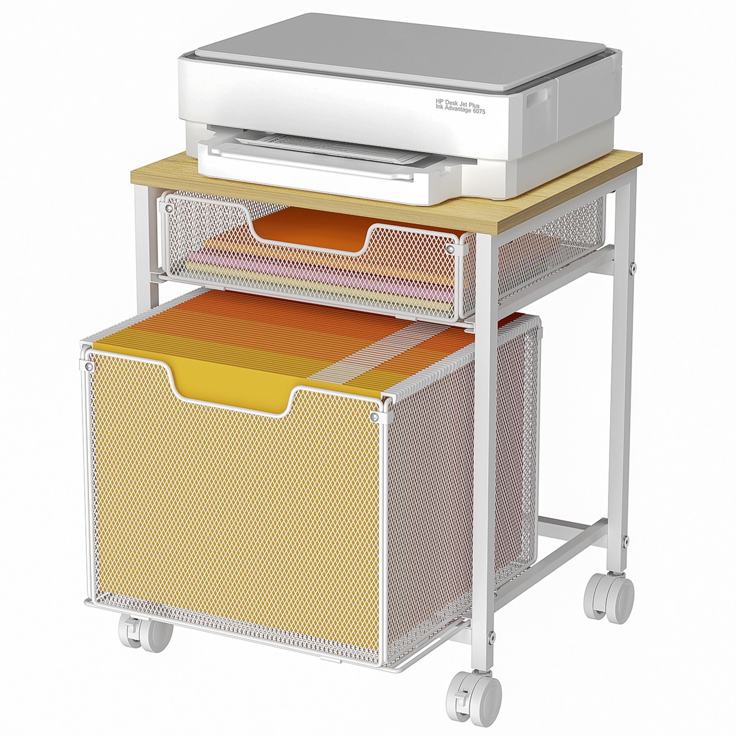 Tiaoheka Rolling File Cabinet Cart, Printer Stand with Storage Drawer, Mobile Filing Cabinet on Lockable Wheel, Hanging File Folder Organizer Beside Under Desk for Office Home, White (Patent Pending)