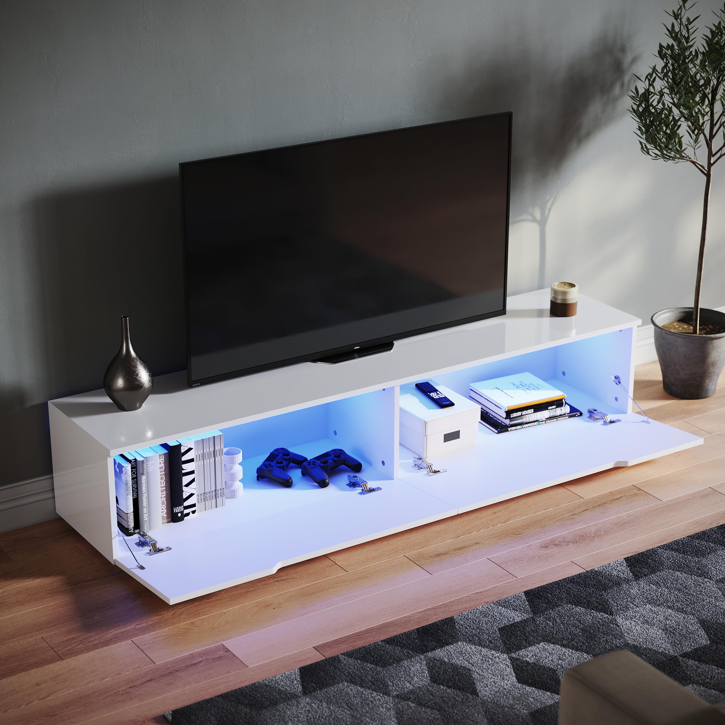 SONNI Mueble TV con Luz LED Regulables de 12 Colores,Mueble de Salón Blanco 160x35x30cm