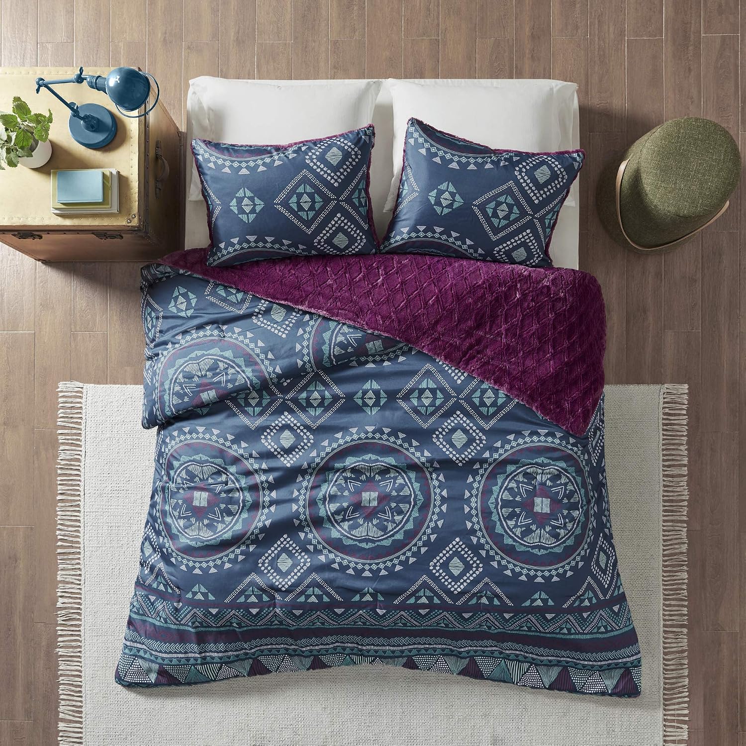 Intelligent Design Ripley Comforter, Boho Medallion Design, Plush Diamond Quilting on The Reverse Modern All Season Down Alternative Bed Set with Matching Shams, Twin(66"x90"), Navy/Purple 2 Piece