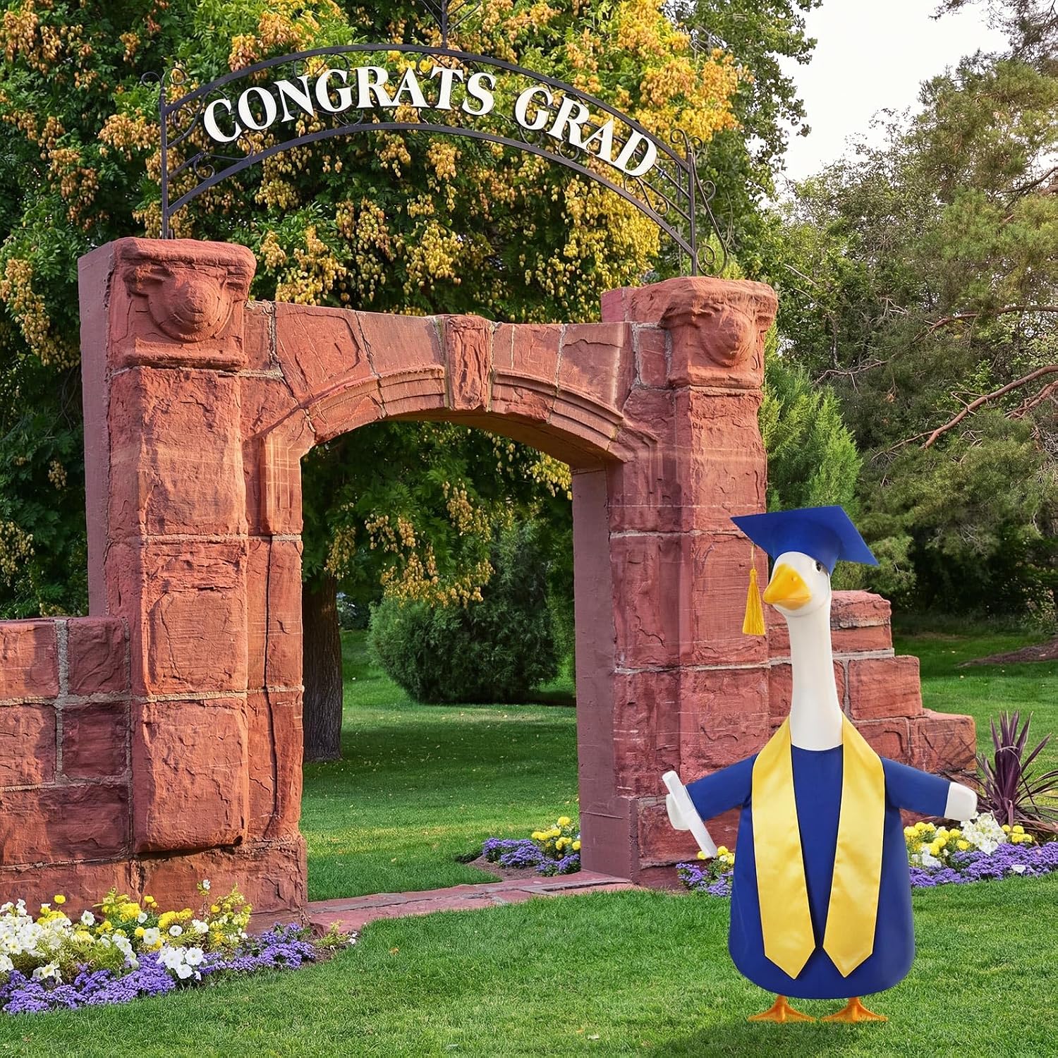 Blue Graduation Porch Goose Outfit Plastic Lawn Goose Clothes Graduation Cap and Gown Stoles Geese Outfit for Cement Geese Statue Outdoor Patio Yard Lawn Art Decoration (23")