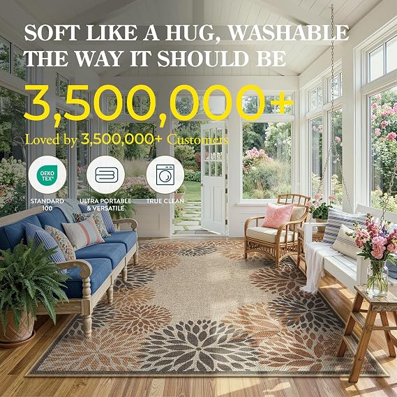 LIVEBOX Modern 3x5 Jute Outdoor Patio Rug, Washable Rugs for Entryway Porch, Tropical Floral Boho Farmhouse Carpet, Non Slip Front Door Mat for Outdoor Indoor Entryway Guestroom Decor (Beige 3'x5')