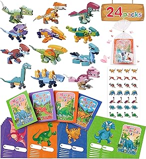 24 Packs Valentines Day Gifts for Kids Classroom-Dinosaur Building Blocks with Valentines Day Cards for Kids School & Stickers, Exchange Valentines Party Favors Valentines Boxes for Kids Boys Girls