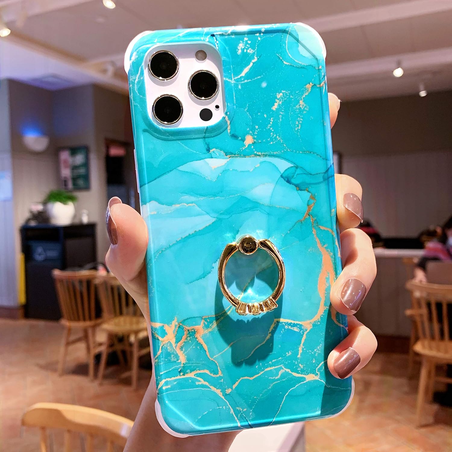 Anynve iPhone 12 Pro Marble Case, Designed for iPhone 12 Case with Kikstand Ring Holder, Shockproof Hard Back + Soft TPU Bumper Slim Cute Protective Phone Case [6.1 Inch] 2020-Marble Green