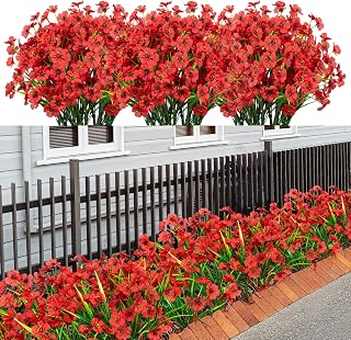 21 Bundles Artificial Outdoor UV Resistant Flowers No Fade Fake Outside Flowers Plastic Greenery Faux Shrubs Garden Porch Window Box Home Decoration (red)
