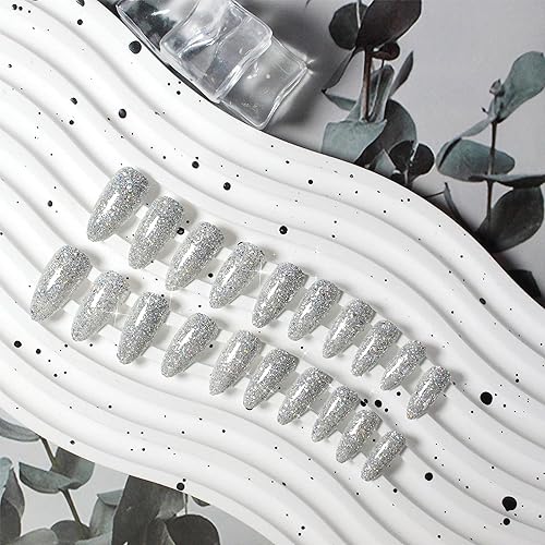 Miniatura 4 de Uñas postizas a presión con purpurina blanca y plateada, uñas postizas medianas de almendra, iridiscentes brillantes, acrílicas con revestimiento