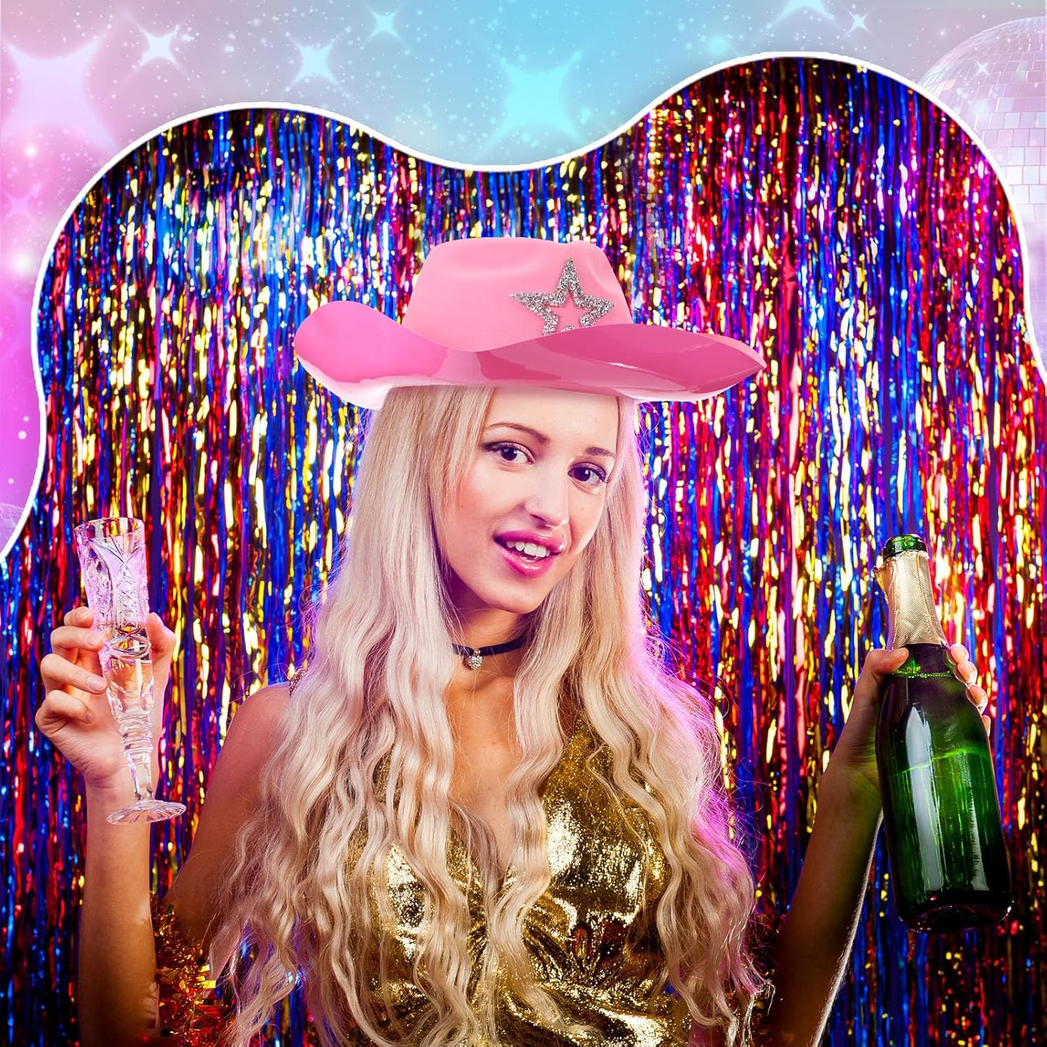 Hicarer 6 Pack Plastic Cowboy Hat with Stars for Women Men Western Glitter Cowgirl Hats Felt Wide-Brim for Retro Party - Image 6