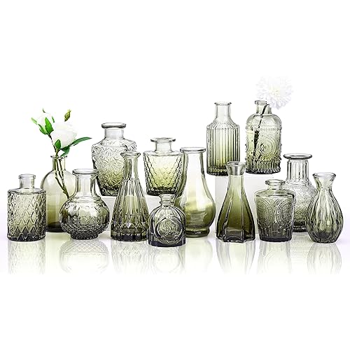 CUCUMI 14pcs Glass Bud Vase Set in Bulk, Gradual Green Relief Vase for Centerpieces, Mini Vintage Glass Flower Vases for Wedding Home Table Party Decor