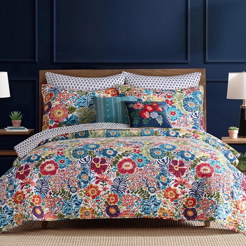 Levtex Home - Day Garden Quilt Set - King Quilt and Two King Shams - Bold Floral - White Red Pink Green Ochre Teal - Quilt (106x92in.) and Shams (20x36in.) - Reversible - Cotton