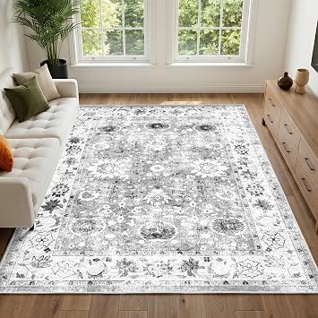 IKALIFE Grey Rugs Living Room - 200x300 cm Machine Washable Soft Short Pile Non-Slip Vintage Large Area Rugs for Bedroom Dining Room Office Lounge, Traditional Non-Shedding Floor Carpet