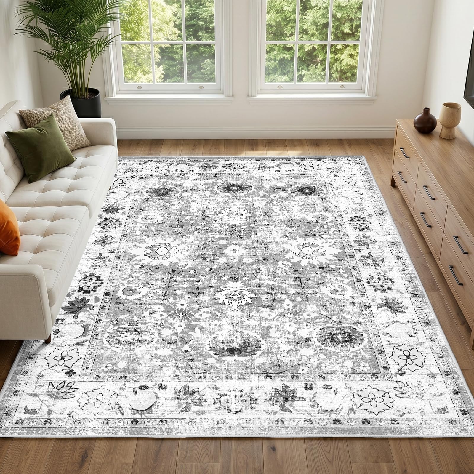 IKALIFE Vintage Grey Washable Rug, 160 x 230 cm Non Slip Low Pile Area Rug — image 1