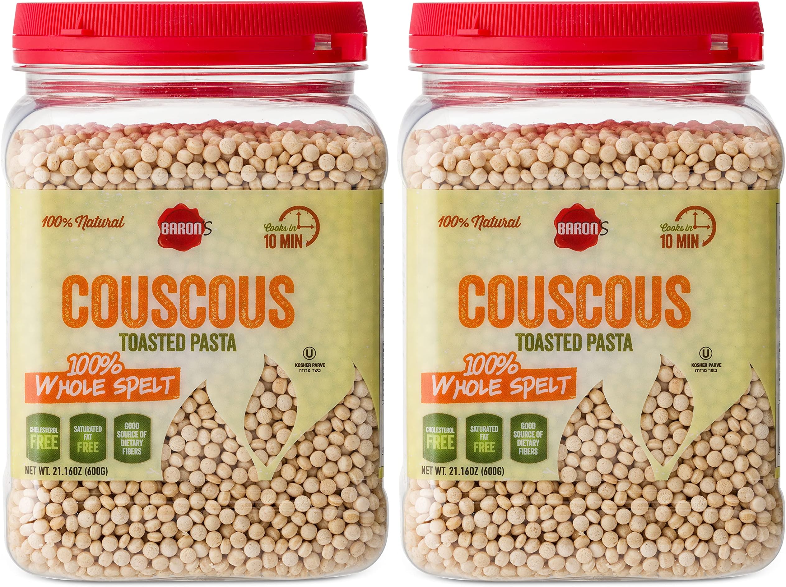 Baron's Whole Spelt Couscous Toasted Pasta | 100% Natural Pearled Noodles for Salads, Soups & Side Dishes | Cooks in 10 Minutes! | Kosher | 2 Pack 21.16oz Jars