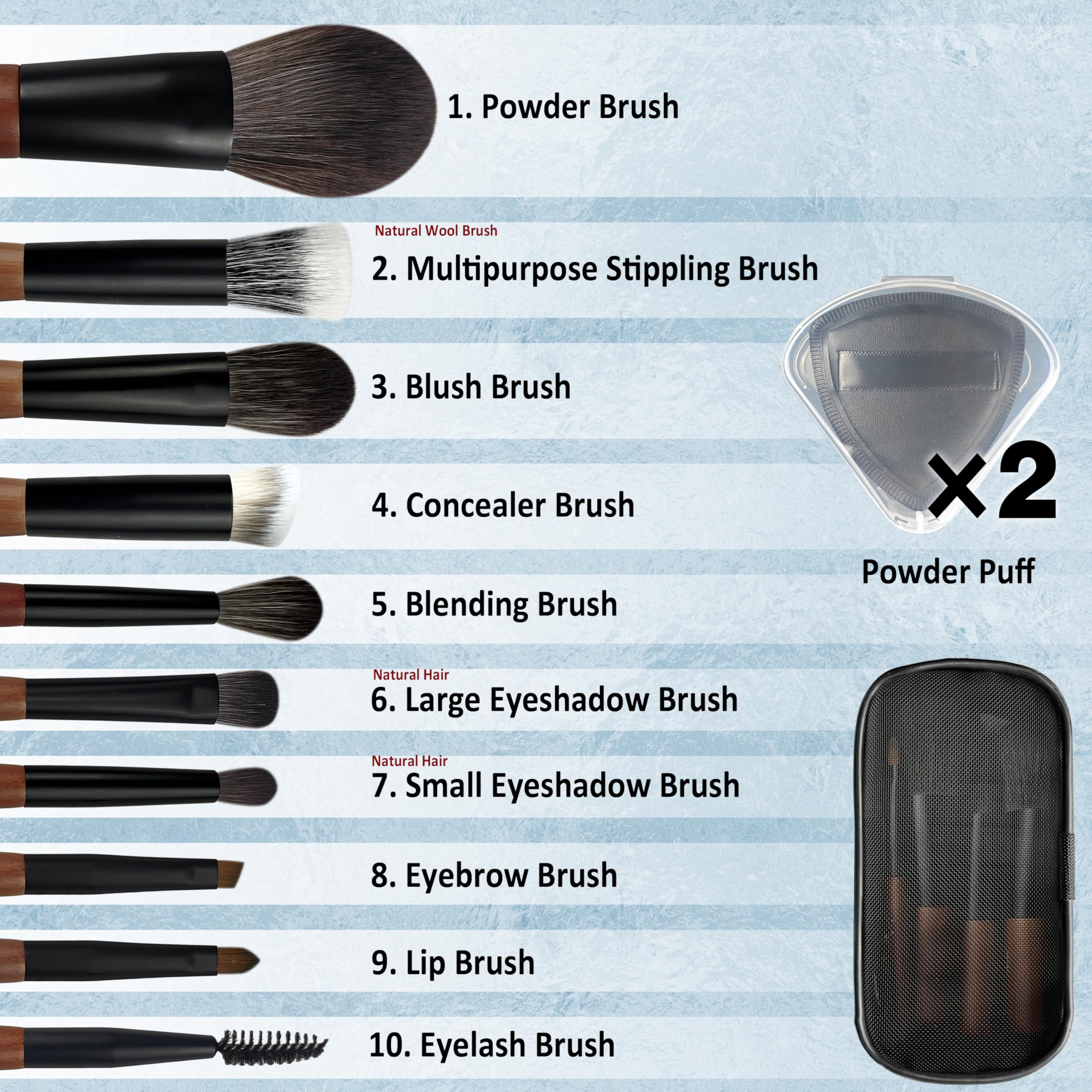 Juego de brochas de maquillaje de viaje con estuche, juego de mini brochas de maquillaje para polvo, base, sombra de ojos, labios, resaltado, rubor y corrector, 10 brochas de maquillaje de tamaño de