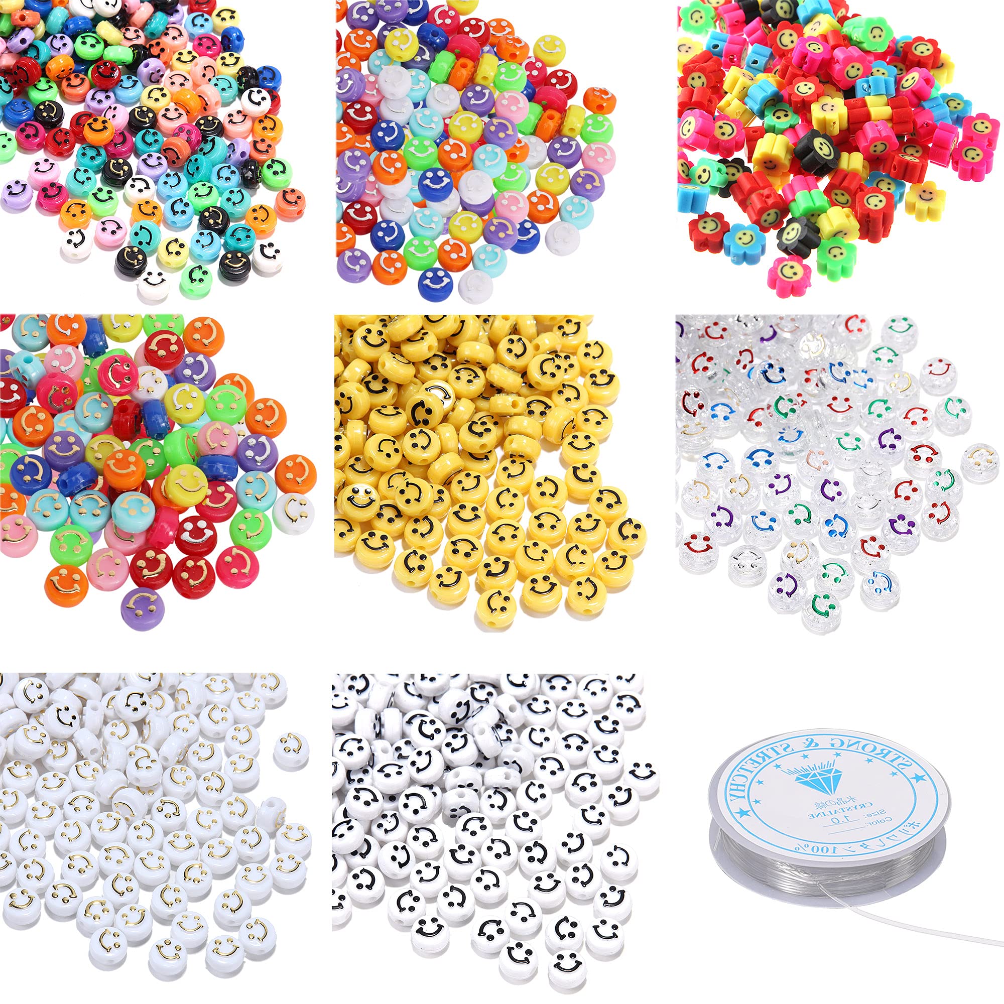 400 pcs Acrylic Smiley Face Beads 10 mm Happy Face Beads Kit Mixed Color Spacer Beads with 1 Roll Clear Elastic Cord for Bracelet Necklace Earring Making DIY Jewelry Crafts, 8 Styles