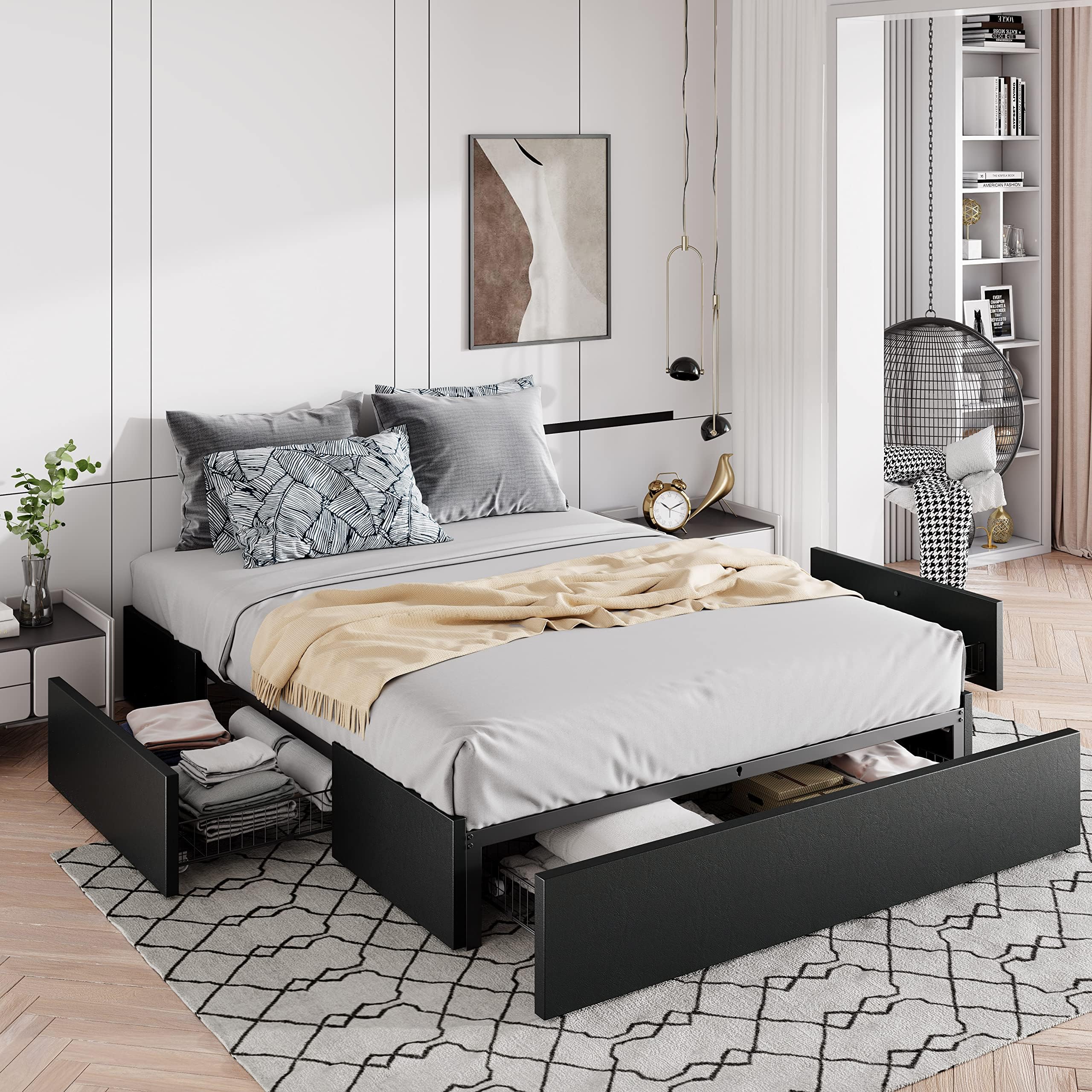Allewie Queen Size Platform Storage Bed Frame with 3 Drawers, Black