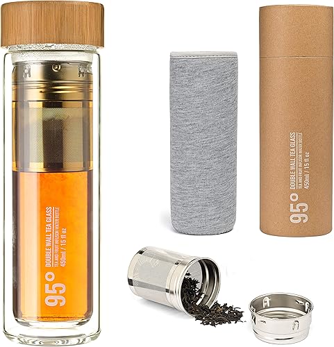 95° Botella de té de vidrio de doble pared con infusor de acero inoxidable extraíble, libre de BPA y BPS, vaso de viaje aislado y a prueba de fugas