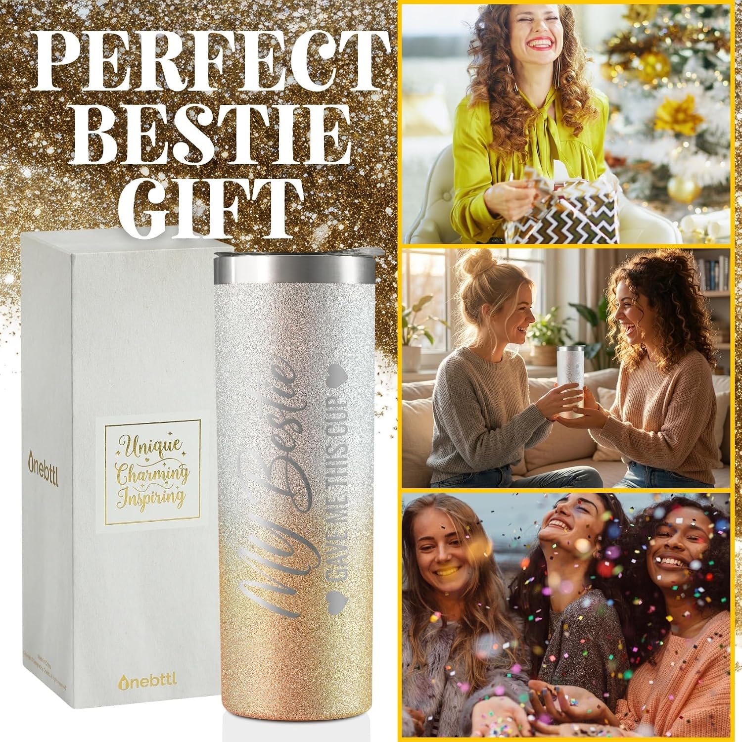 Onebttl Gifts for Bestie, Bestie Gifts for Women Bestie Tumbler Glitter Gold 20oz Stainless Steel Skinny Cup for Best Friend on Birthday, Christmas