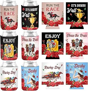 24 Pcs Horse Race Can Cooler Sleeves, Horse Derbby Beverage Holders for Soda and Beer, Roses Design Party Decorations, Decorative Insulated Sleeves for Race Day