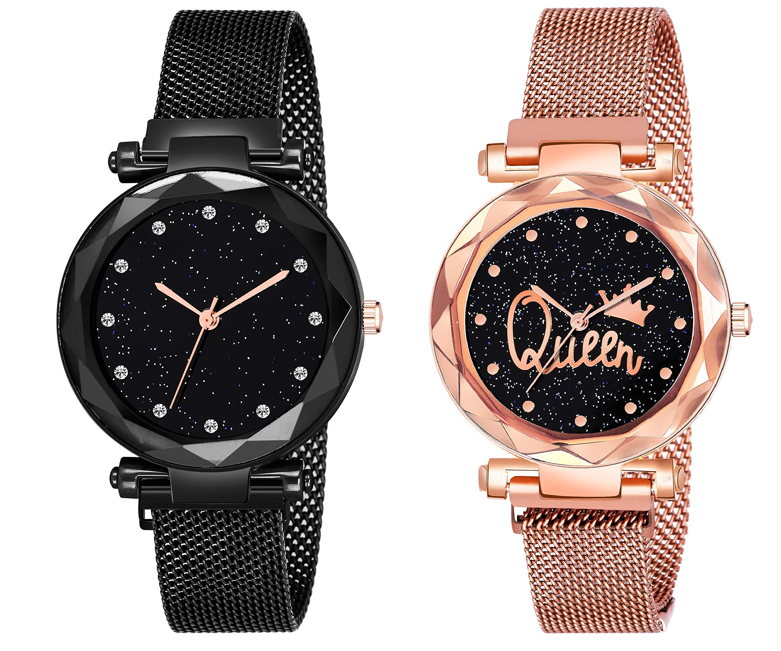 Shivark Magnet Watches for Women & Girls Diamond Dial and Queen Steel Strip Belt Analogue Quartz Wristwatch Gifts Pack of - 2