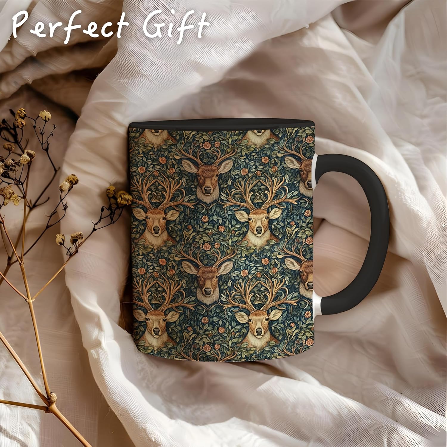 William Morris Reindeer Floral Mug,Deer Hunter Gifts，Dark Floral Botanical Reindeer Deer Animal Coffee Cups Ceramic,Animal Coffee Tea Mug 11oz - Image 5