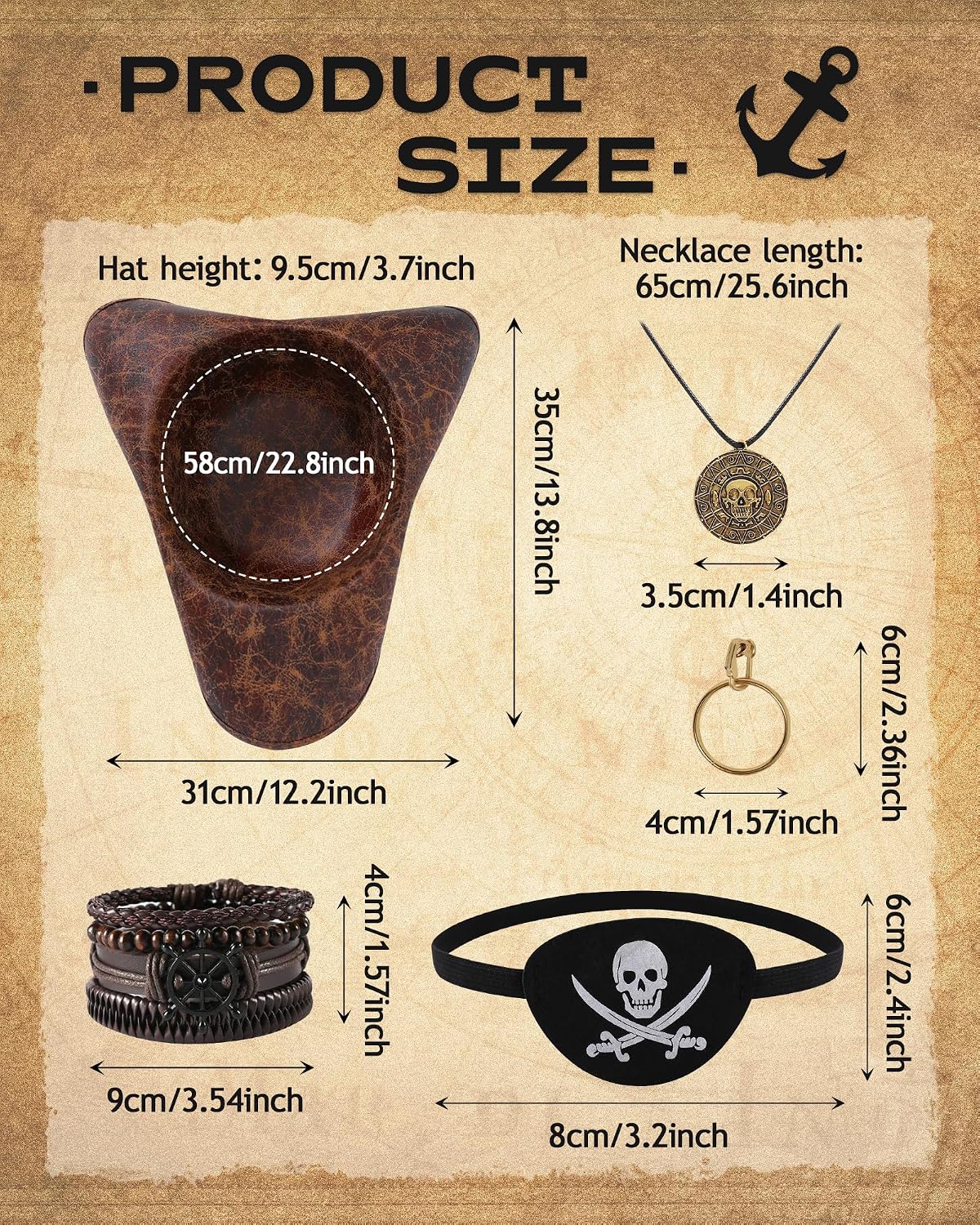Pirate Hat Pirate Costume Accessories Set for Men Women Tricorn Hat