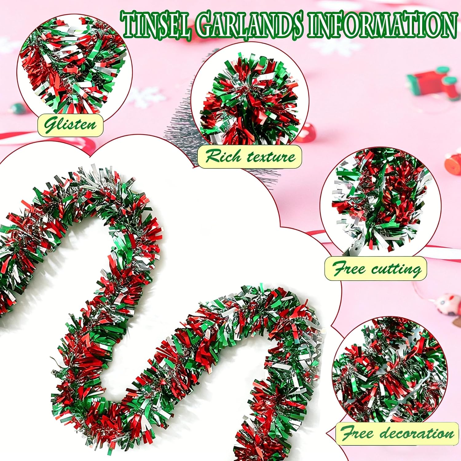33Ft Christmas Tinsel Garland Xmas Tree Decorations Shiny Thick Metallic Twist Garlands Ceiling Hanging Birthday Streamers for New Year Party Indoor Outdoor Decor Supplies-Red Green Silver