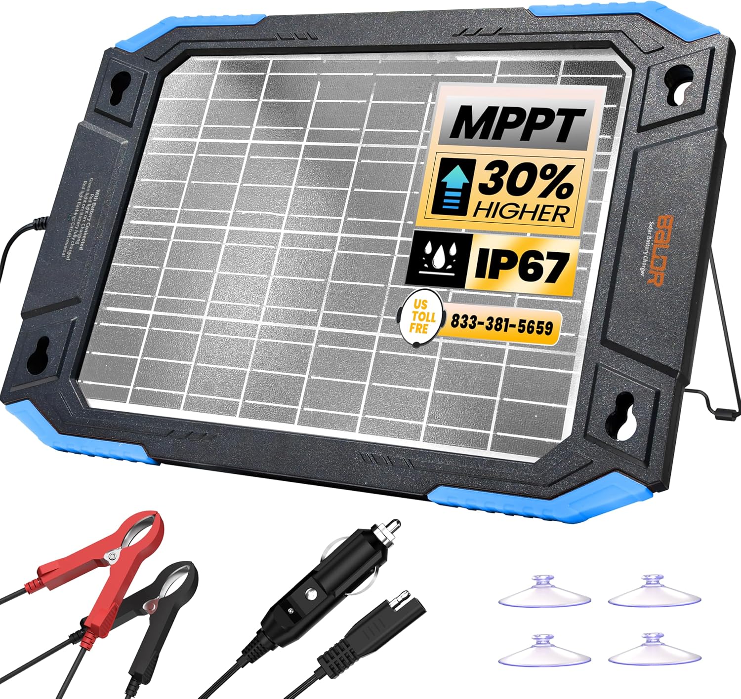 BALDR 12V Solar Battery Charger, 13W Waterproof Dual Sided Battery Maintainer, IP67 MPPT Trickle Charger for Car, Trailer, Lawn Mower, Boat