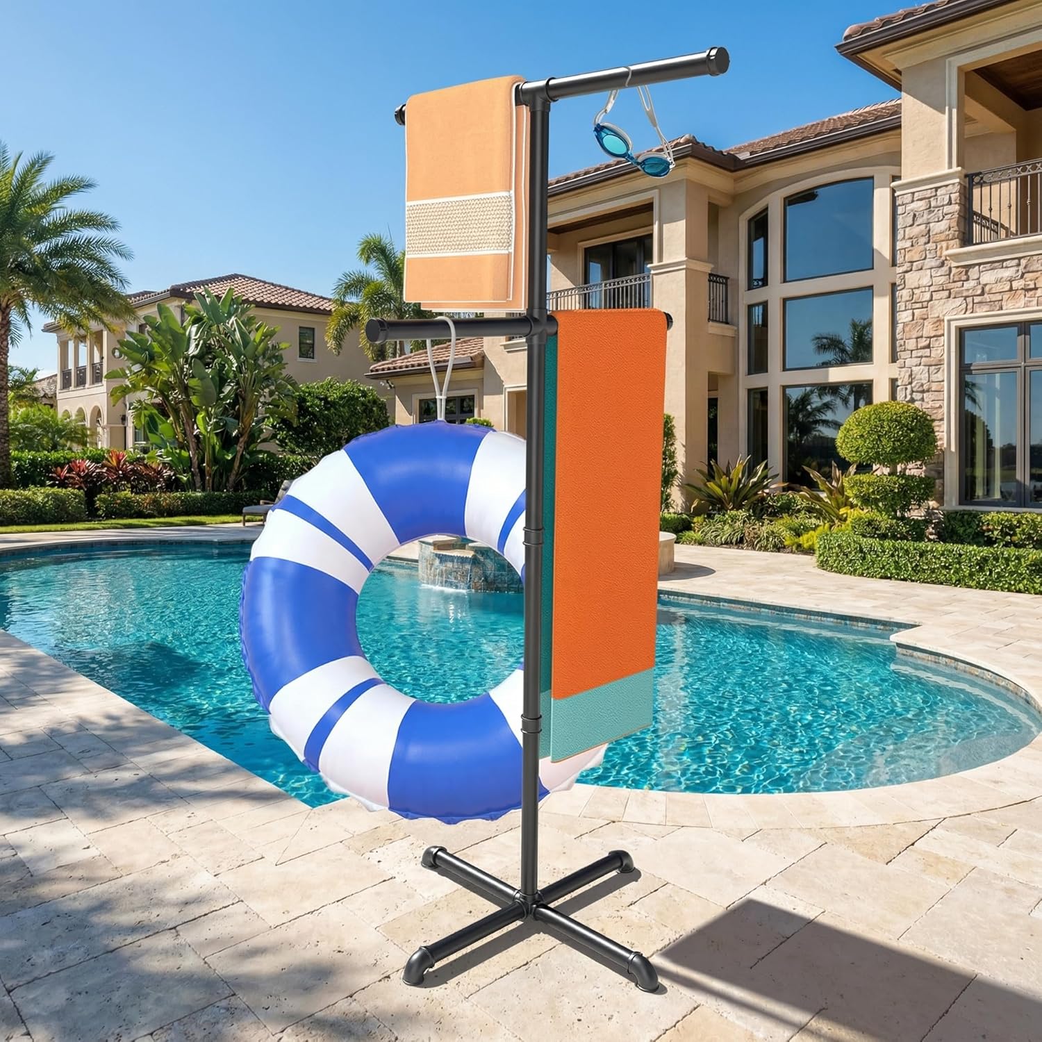 Hjarta Pool Towel Rack Outdoor, Pool Towel Holder with 4 Bars, Poolside Towel Racks with Anti-Tipping Design Base, 60 Inch Free Standing Rack for Outdoor, Pool, Bathroom, Spa, Hot Tub