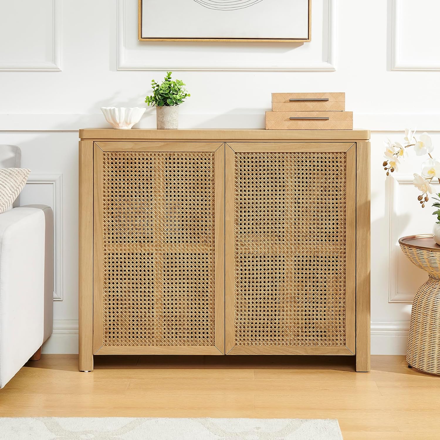 Amposei Mid Century Modern Rattan Sideboard 39.4’’ Small Coffee Bar Console Buffet Cabinet Table for Living Dining Room Entryway Hallway, Natural