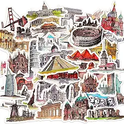 50 peças adesivos de história de bagagem cênica arquitetura mundo malas adesivos turismo marco edifícios retrô decalques de bicicleta impermeável PVC para laptop scrapbook garrafa de água