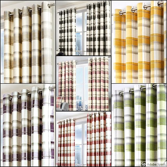 Fusion - Balmoral Check - 100% Cotton Ready Made Pair of Eyelet Curtains - 46" Width x 54" Drop (117 x 137cm) in Slate, Slate Grey